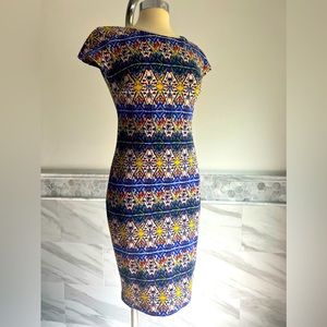 Clove Stretch Geo Design Cap Sleeves Midi Bodycon Dress 6